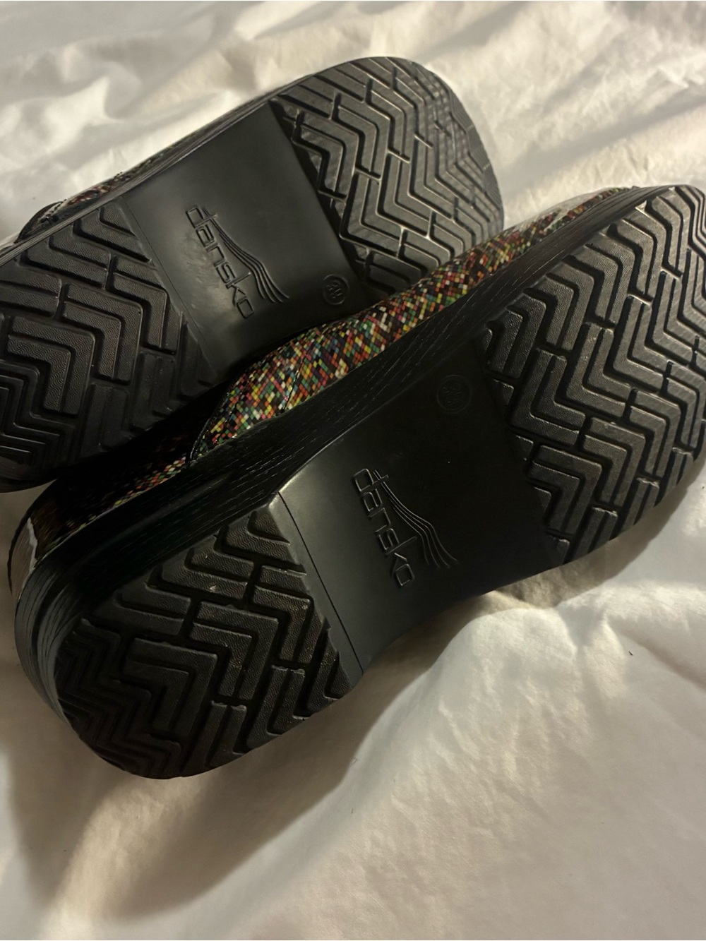 Dansko Multicolor Patent Slip-On Clogs with Rainbow Stripes - Picture 3 of 5